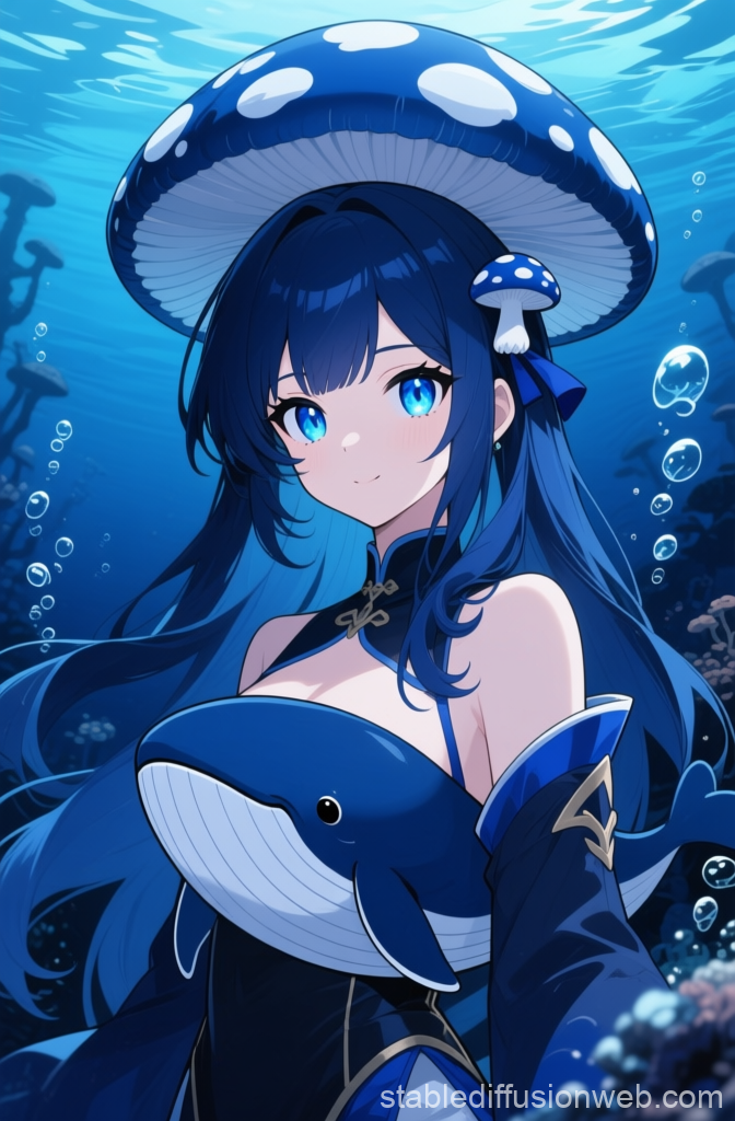 Anime Girl with Blue Hair and Mushroom Hat Underwater