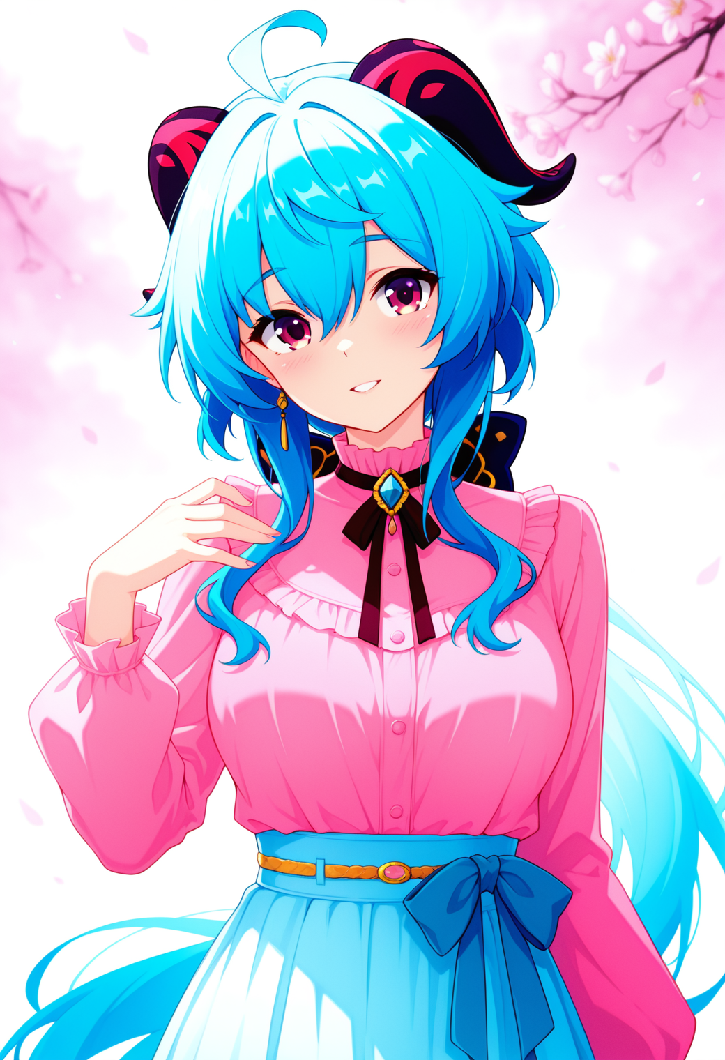 Anime Girl with Blue Hair and Pink Outfit in Cherry Blossom Setting
