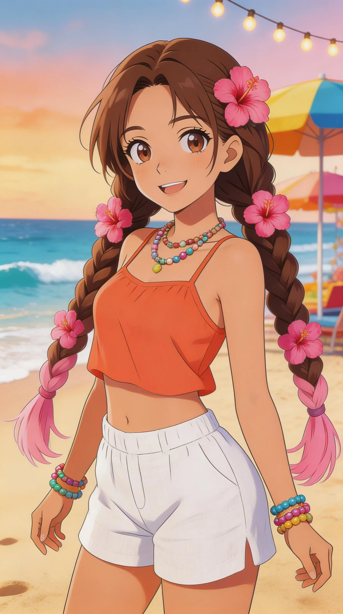 Anime Girl with Braided Hair at the Beach