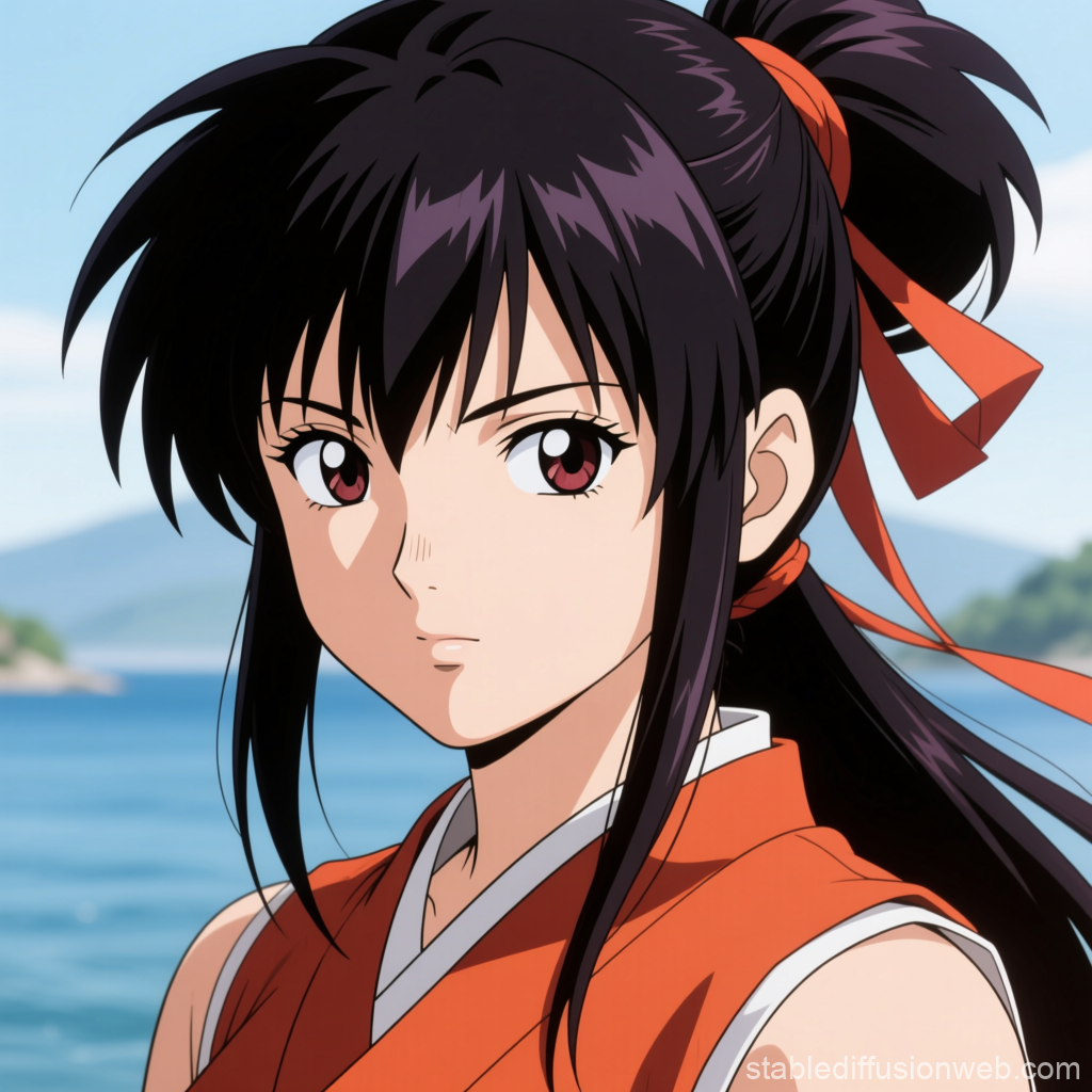 Anime Girl with Dark Hair and Red Ribbon by the Sea