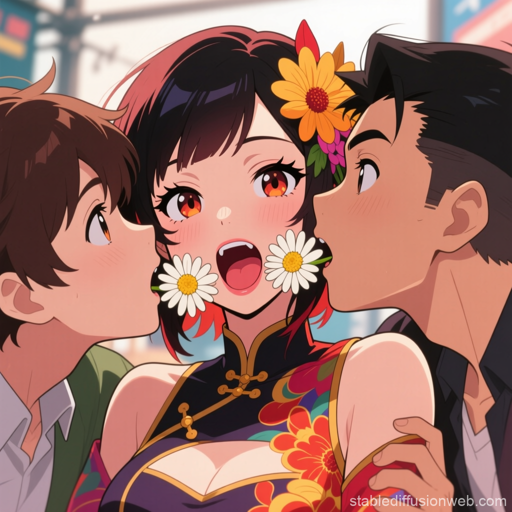 Anime Girl with Floral Cheeks and Two Boys