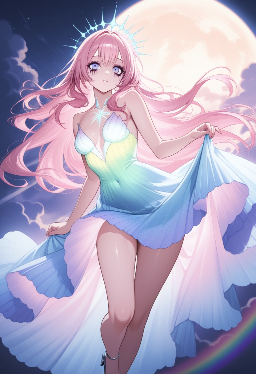 Anime Girl with Flowing Pink Hair and Moonlit Dress