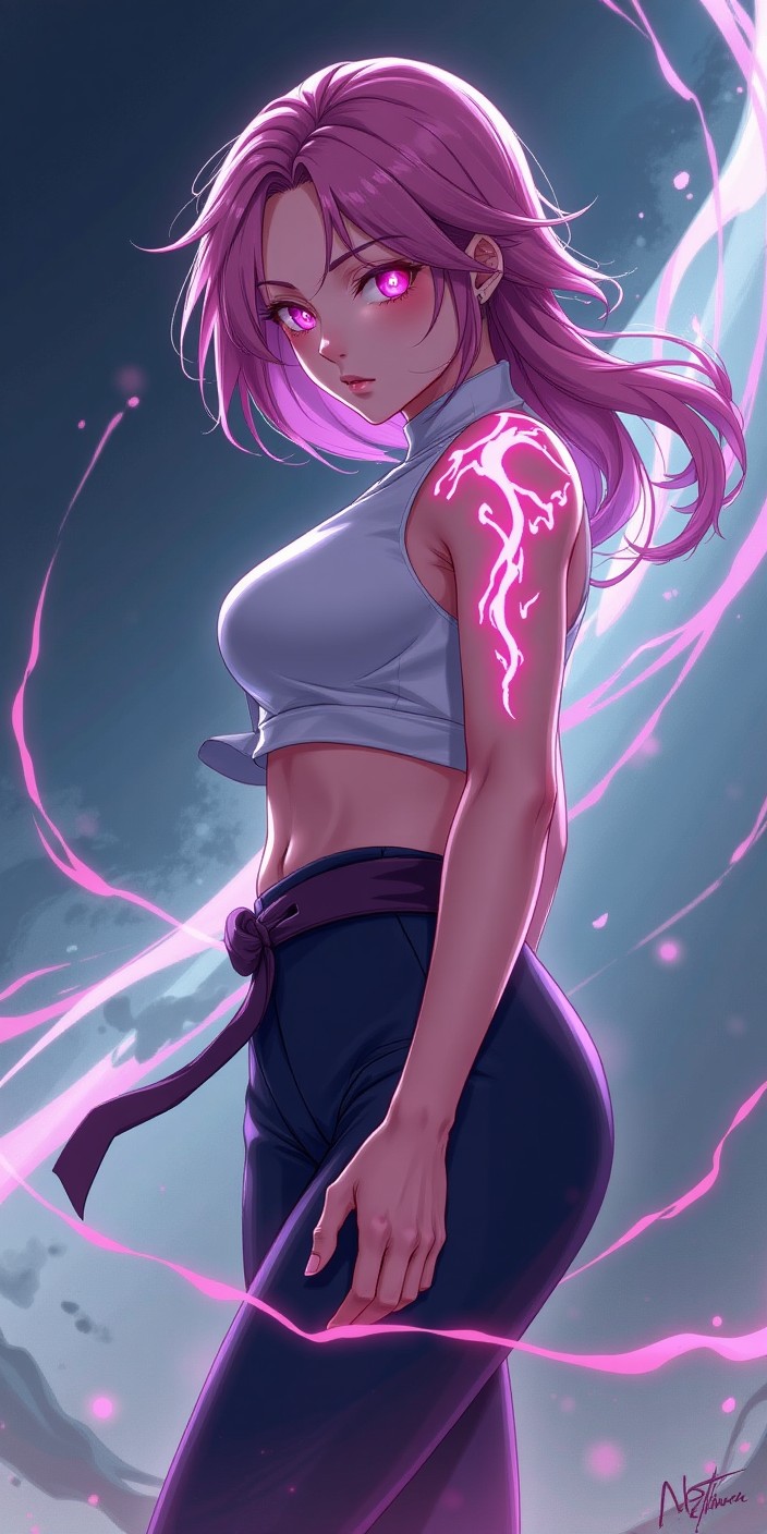 Anime Girl with Glowing Pink Eyes and Tattoo