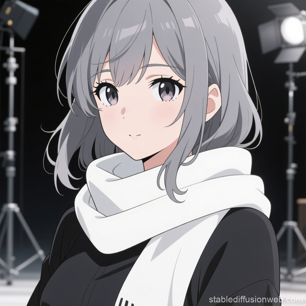 Anime Girl with Gray Hair and White Scarf in Studio