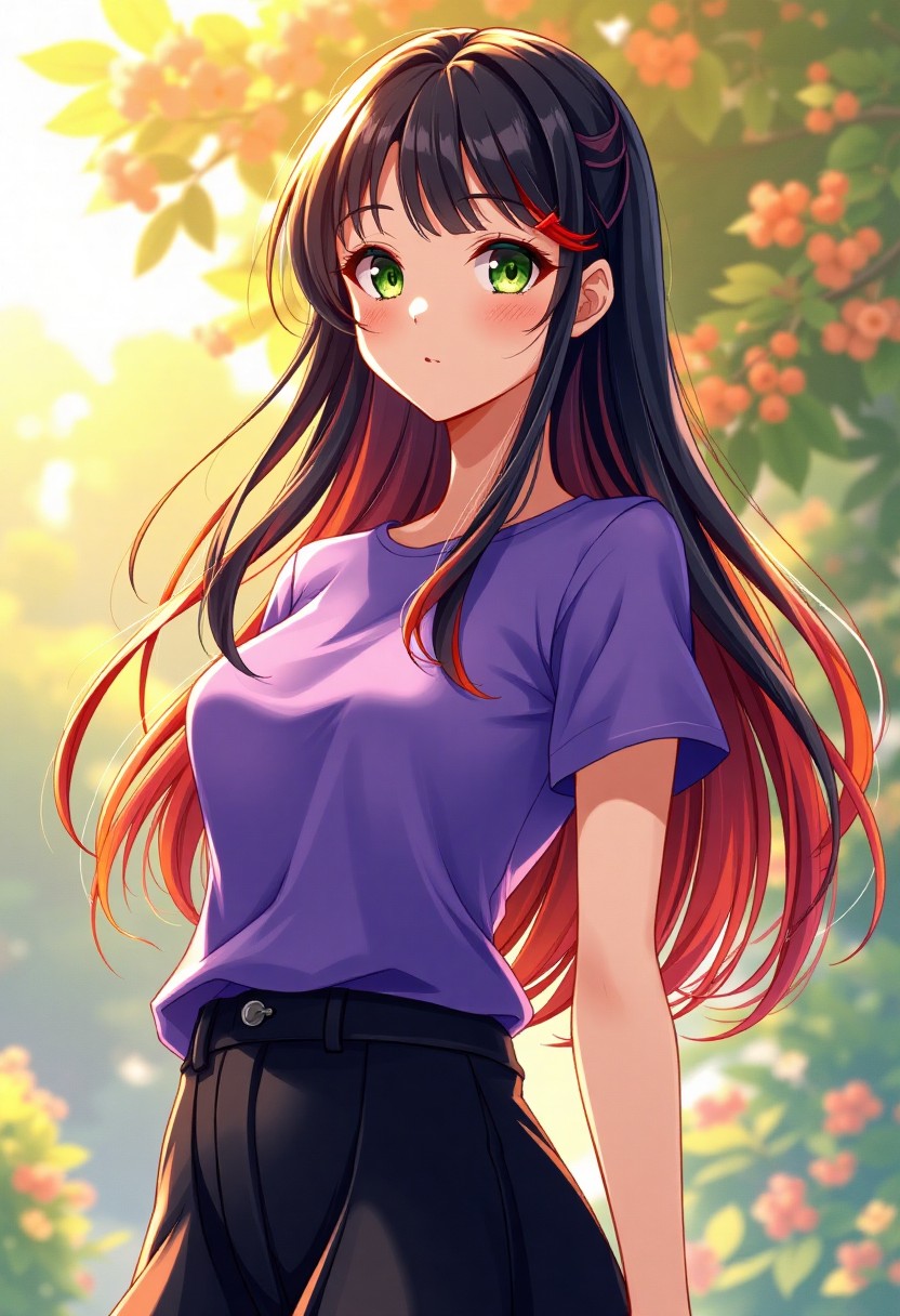 Anime Girl with Green Eyes and Gradient Hair in Sunlit Garden