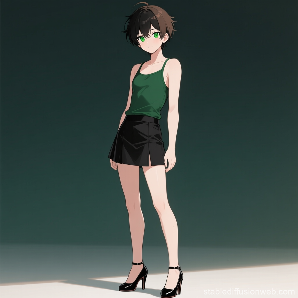 Anime Girl with Green Eyes in Stylish Outfit