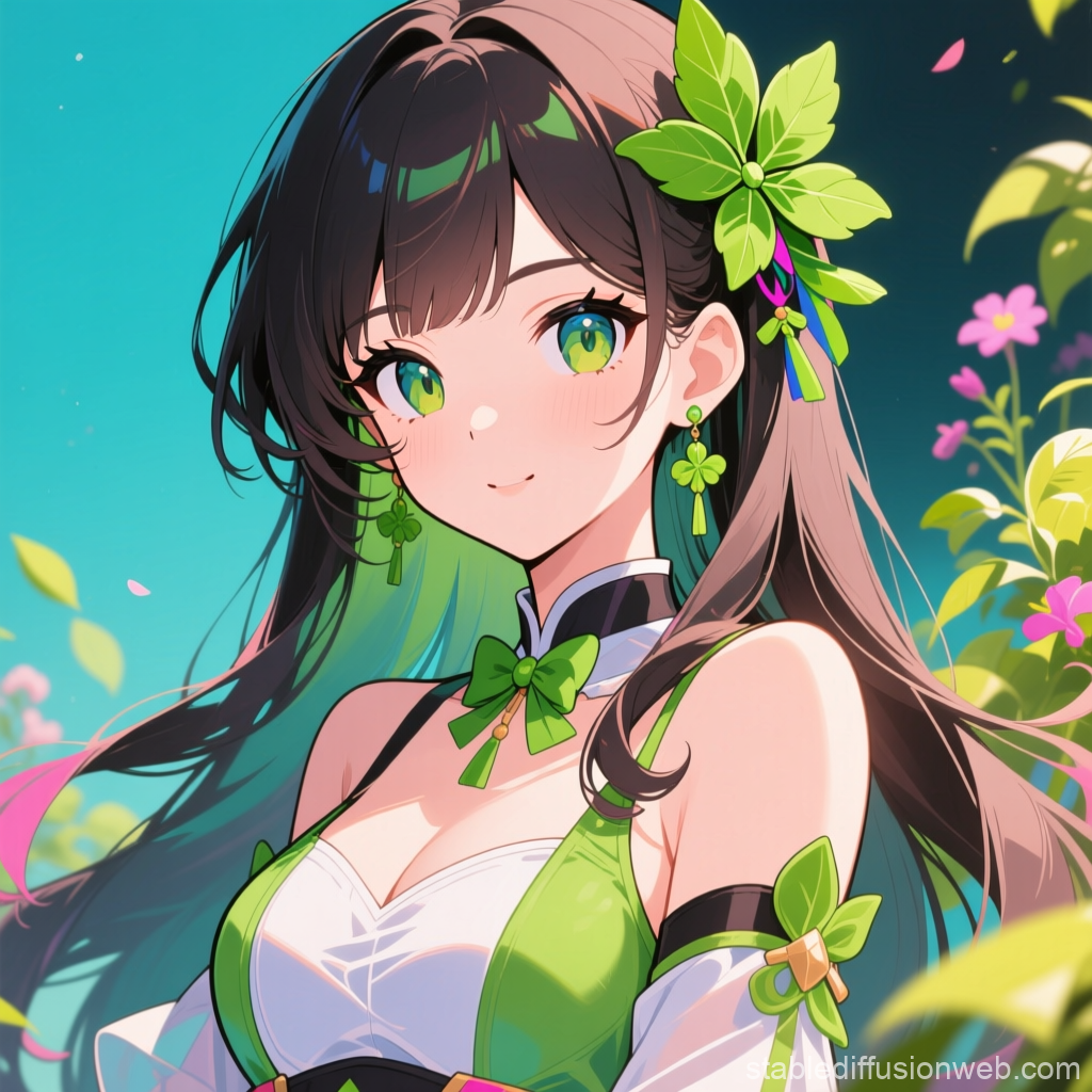 Anime Girl with Green Floral Accessories in Bright Setting