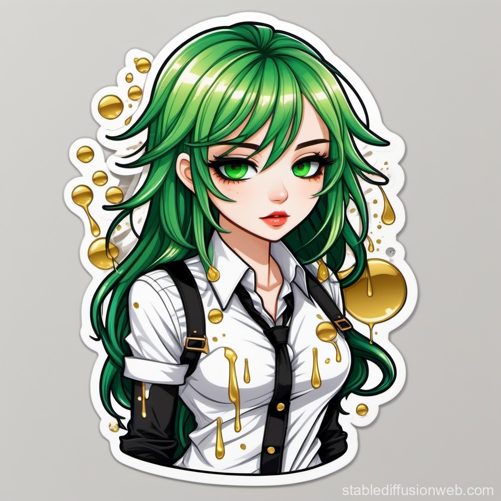 Anime Girl with Green Hair and Golden Drips