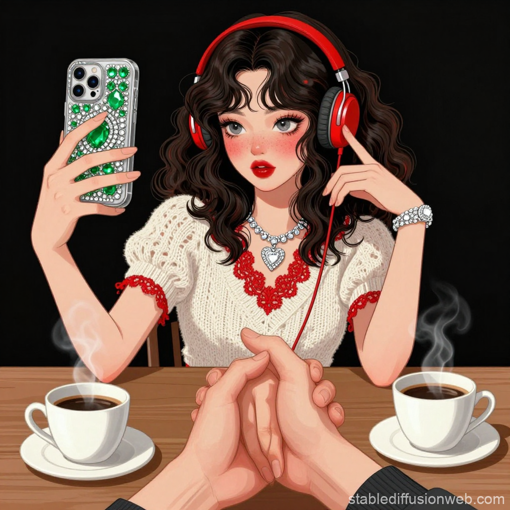 Anime Girl with Headphones Taking a Selfie at a Cafe