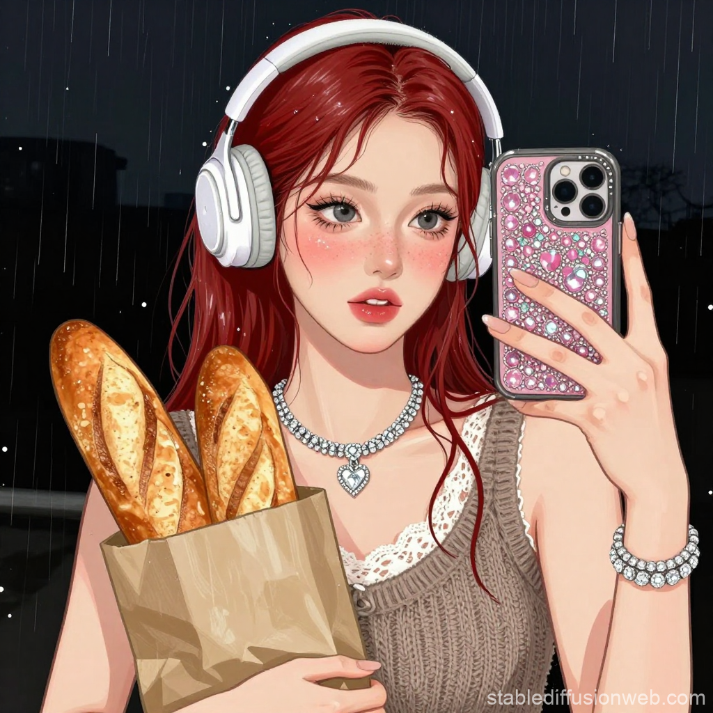 Anime Girl with Headphones Taking Selfie on Rainy Night