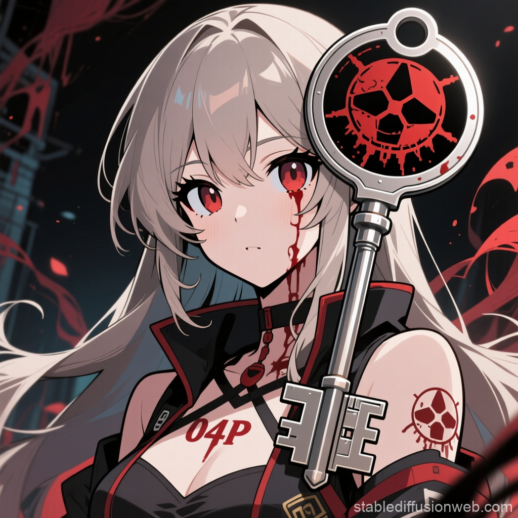 Anime Girl with Mysterious Key and Red Markings