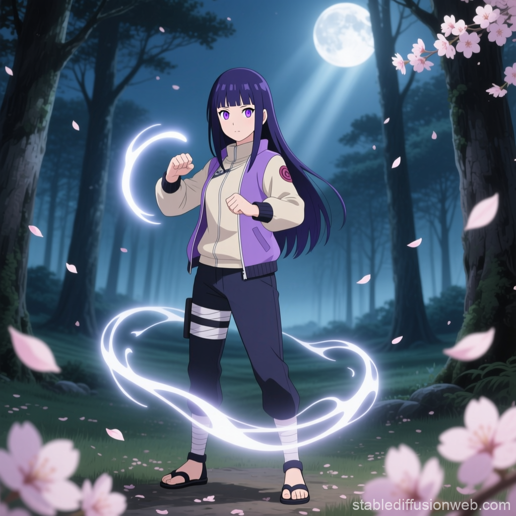 Anime Girl with Mystical Energy in Moonlit Forest