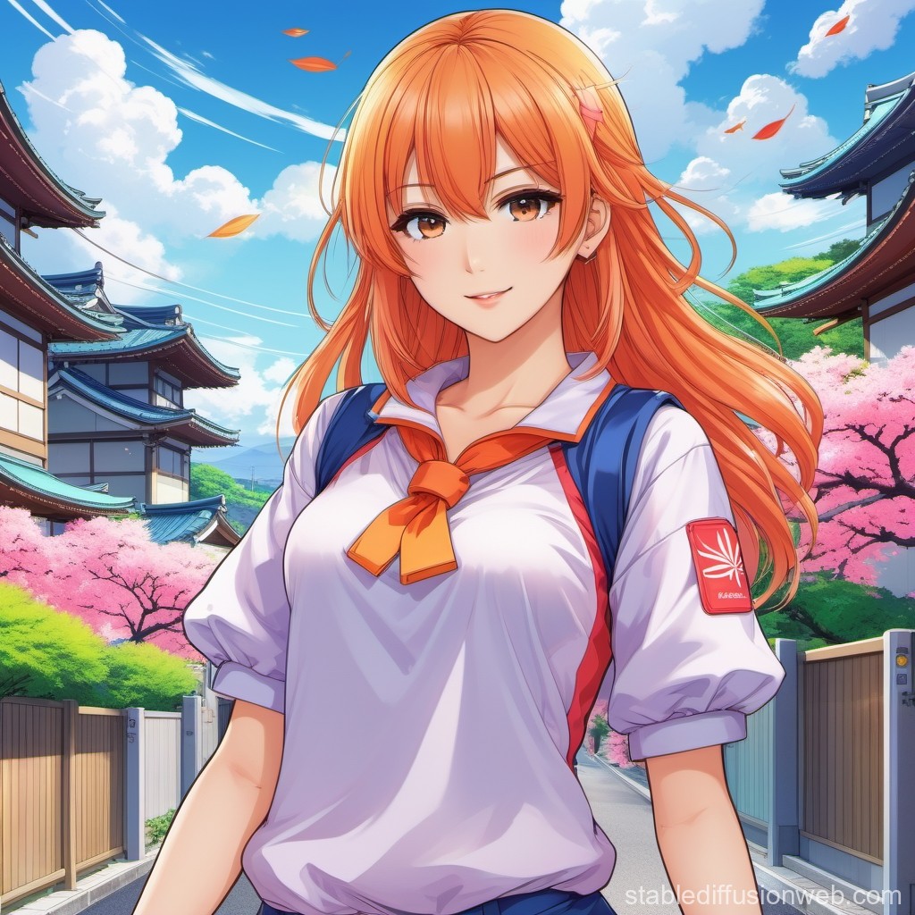Anime Girl with Orange Hair in Traditional Japanese Setting