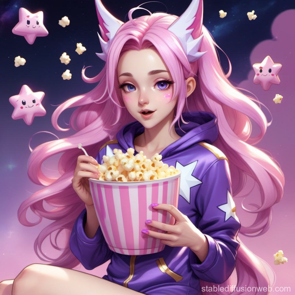 Anime Girl with Pink Hair Eating Popcorn Under Starry Sky
