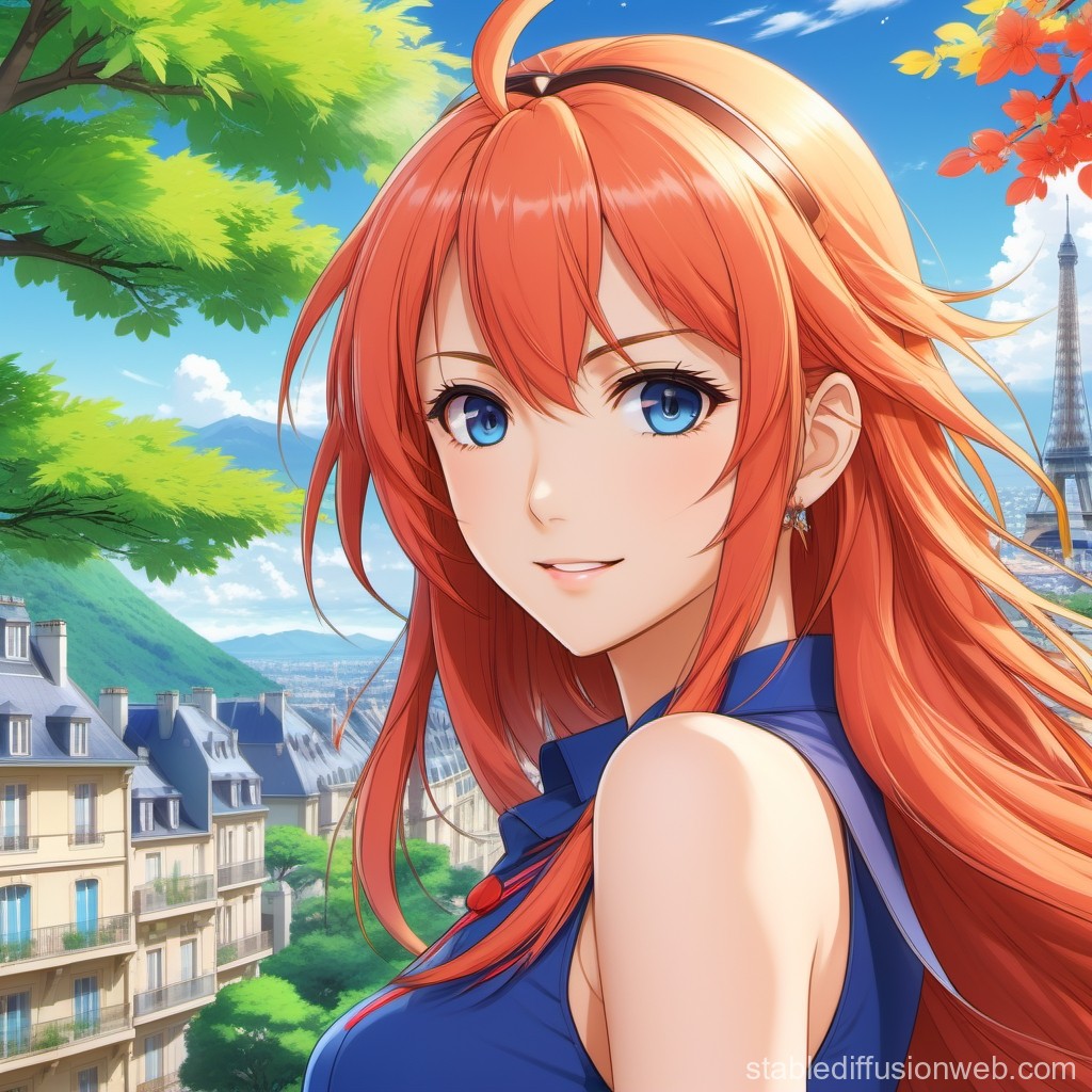 Anime Girl with Red Hair in Parisian Setting