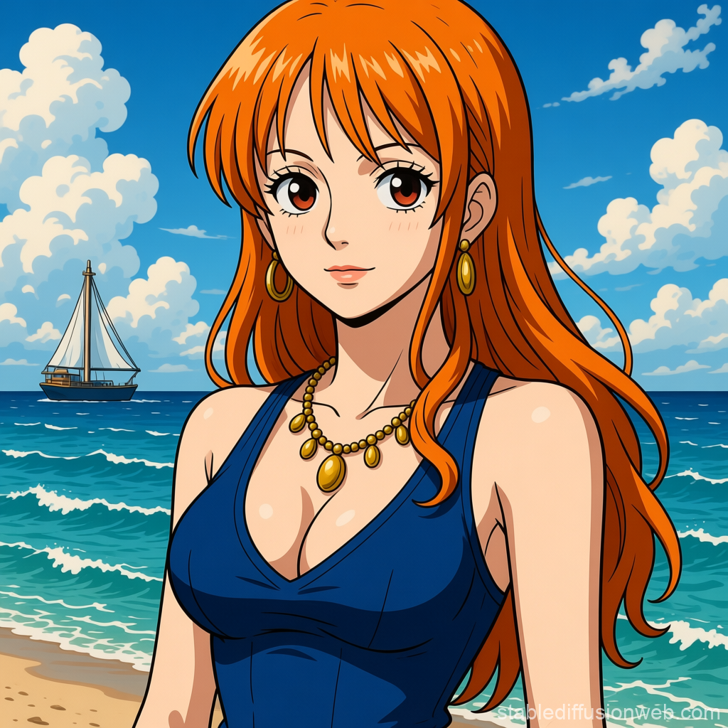 Anime Girl with Red Hair on Beach by the Sea