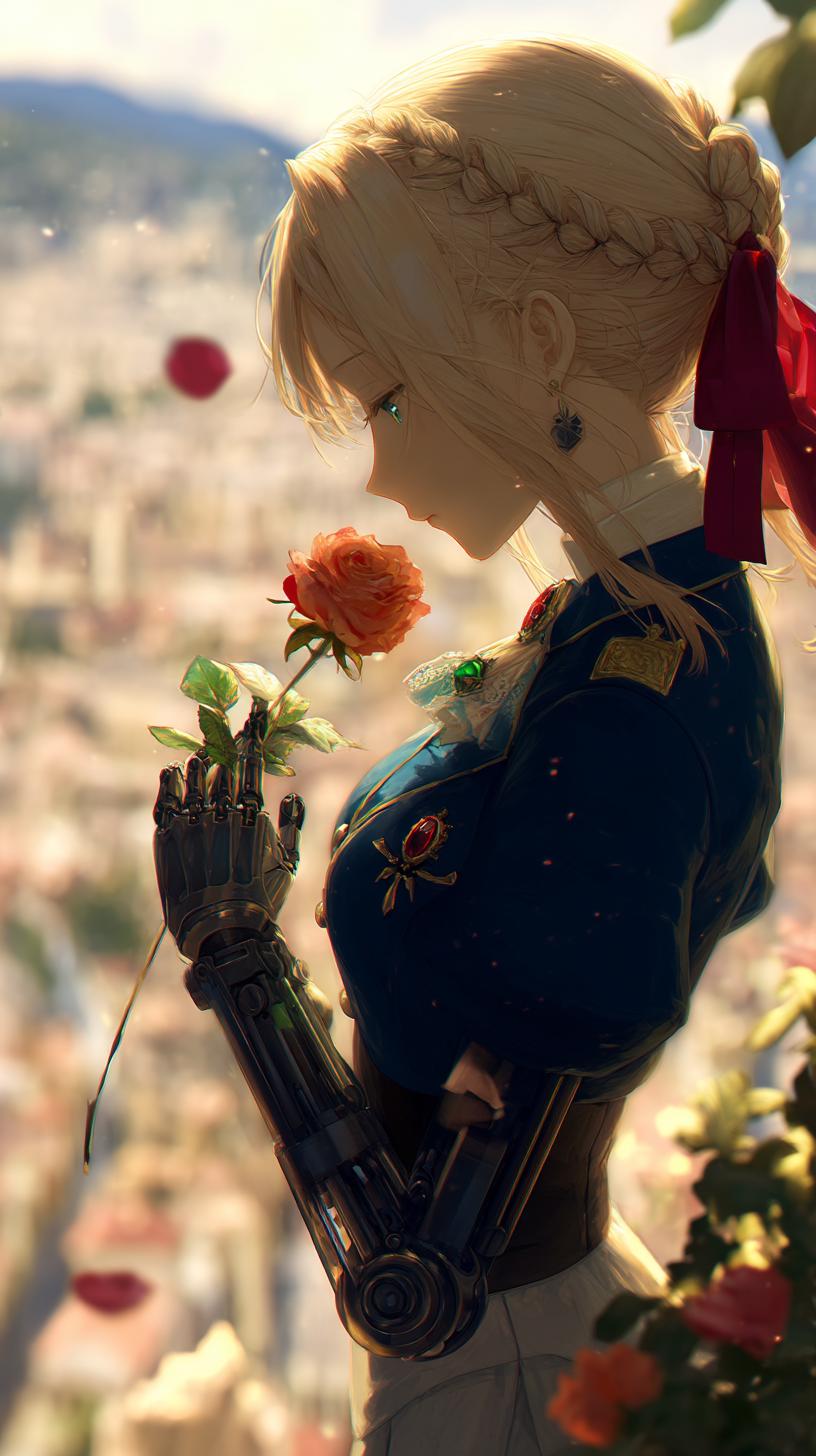 Anime Girl with Robotic Arm Holding a Rose