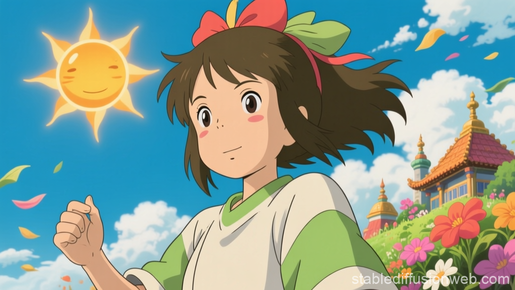 Anime Girl with Smiling Sun and Colorful Garden