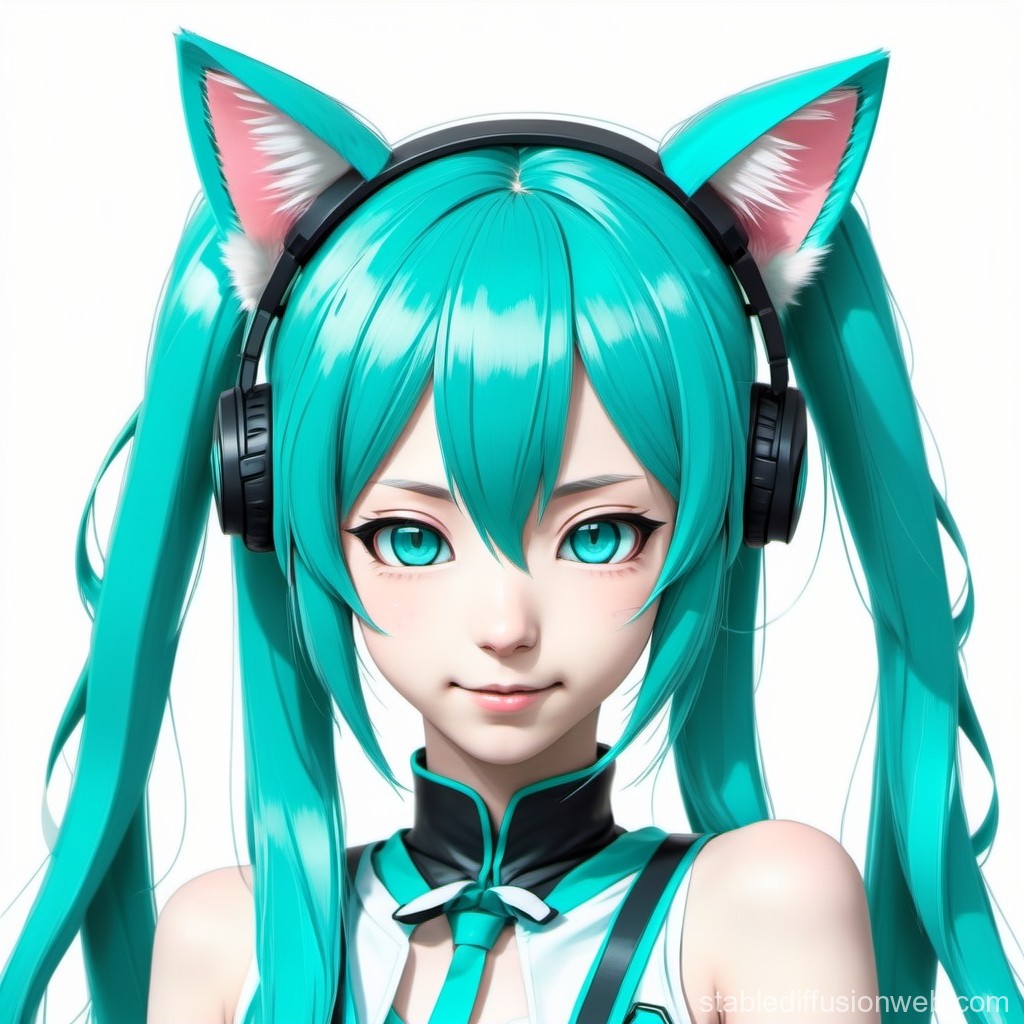 Anime Girl with Turquoise Hair and Cat Ears Wearing Headphones