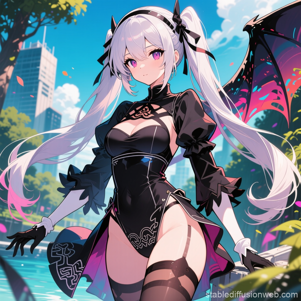 Anime Girl with White Hair and Dragon Wings in Urban Park