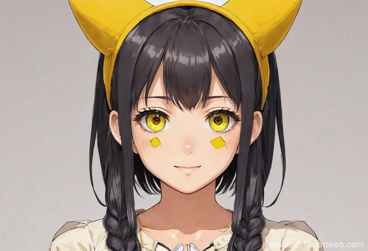 Anime Girl with Yellow Cat Ears Headband and Braided Hair