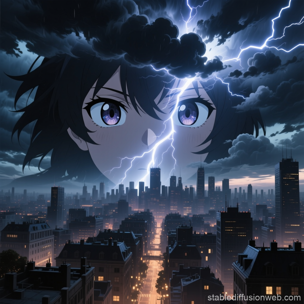 Anime Girl's Face Amid Stormy Cityscape with Lightning