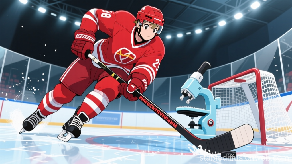 Anime Hockey Player with Microscope Hockey Stick on Ice Rink