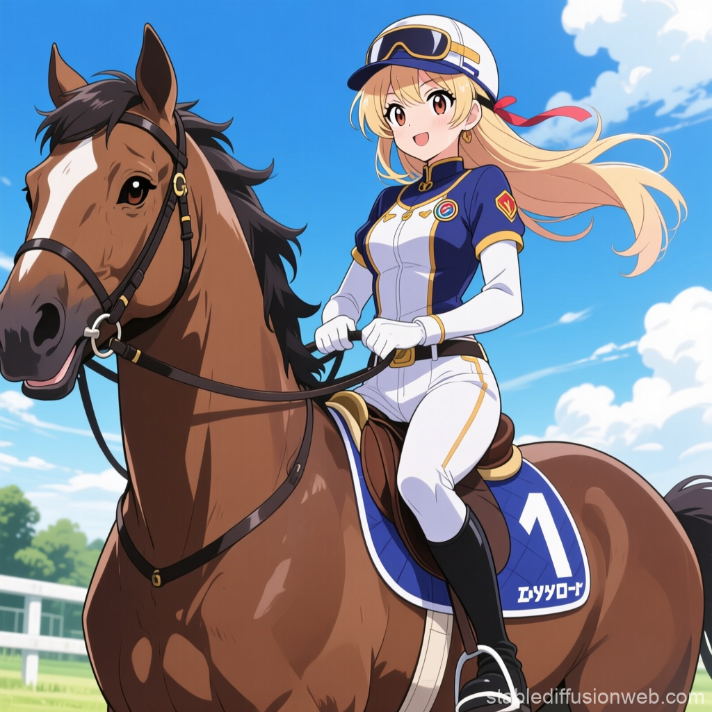 Anime Jockey Riding a Racehorse on a Sunny Day