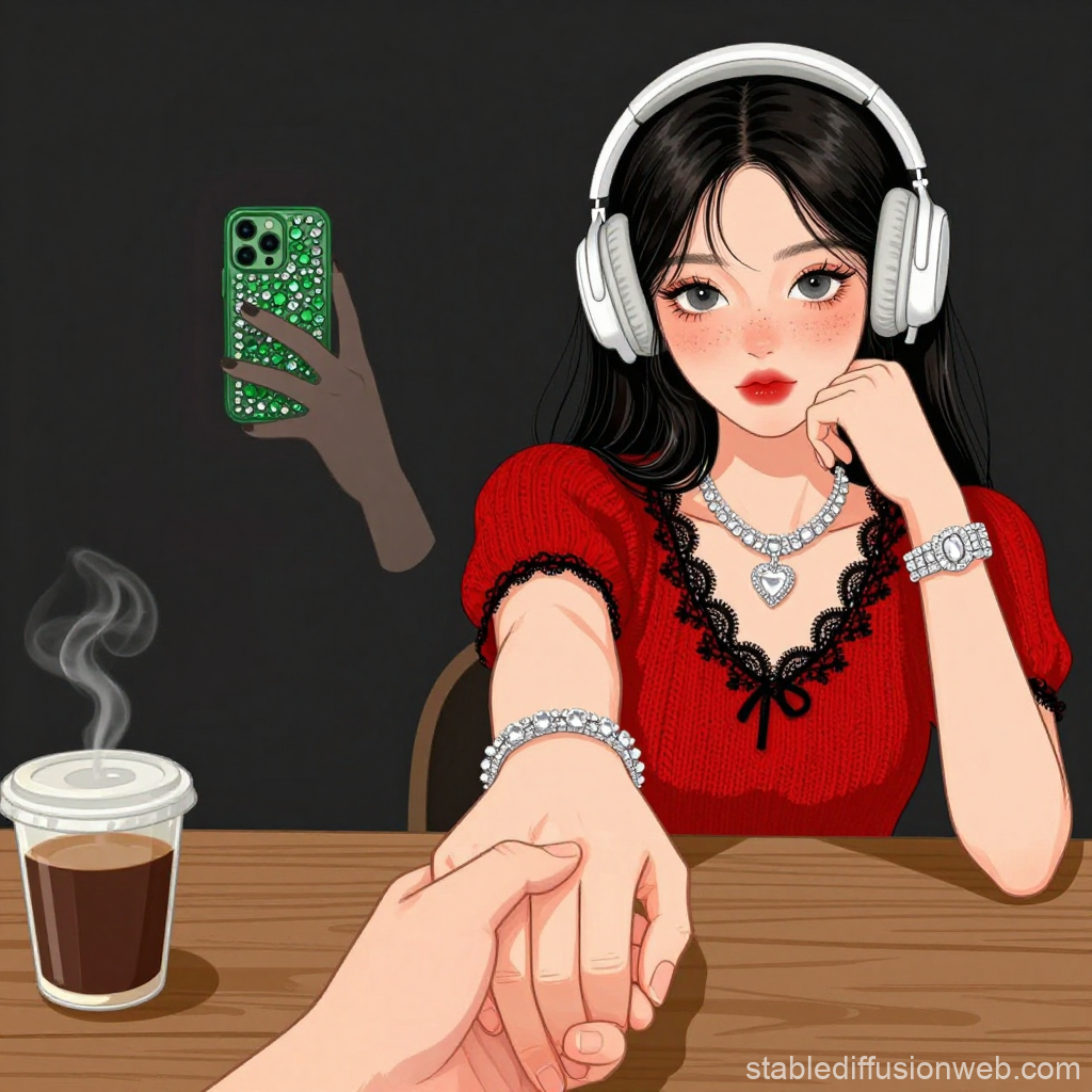 Anime Korean Woman Holding Hand with Headphones and Coffee