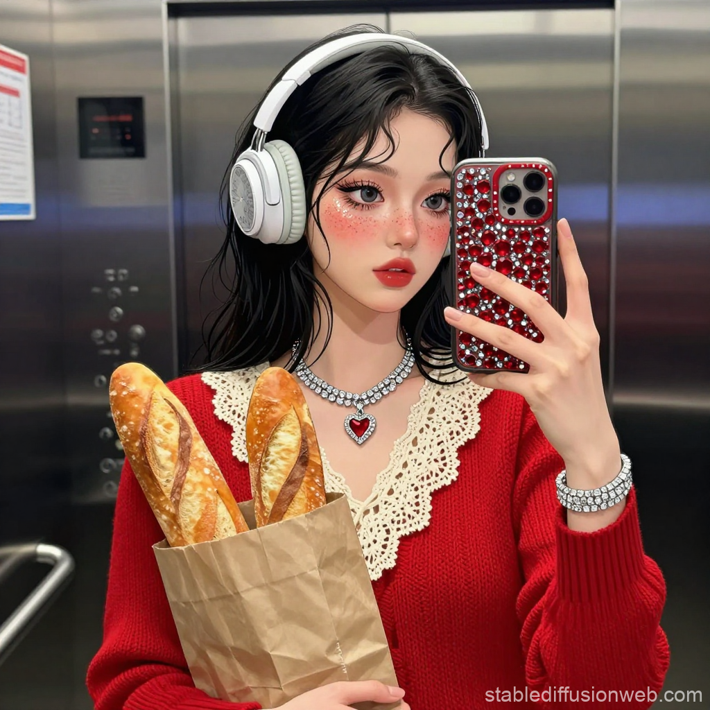 Anime Korean Woman Taking Elevator Selfie with Baguettes