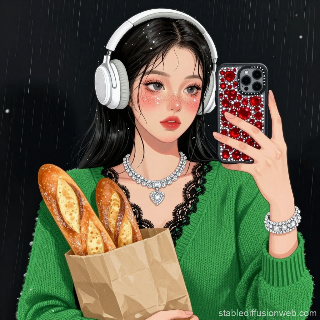 Anime Korean Woman Taking Selfie in Rain with Headphones