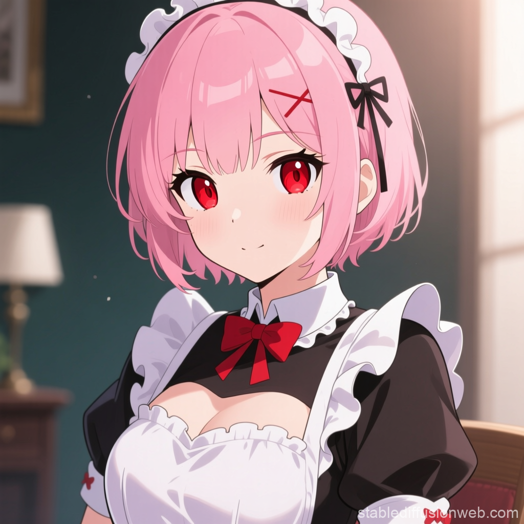 Anime Maid with Pink Hair and Red Eyes