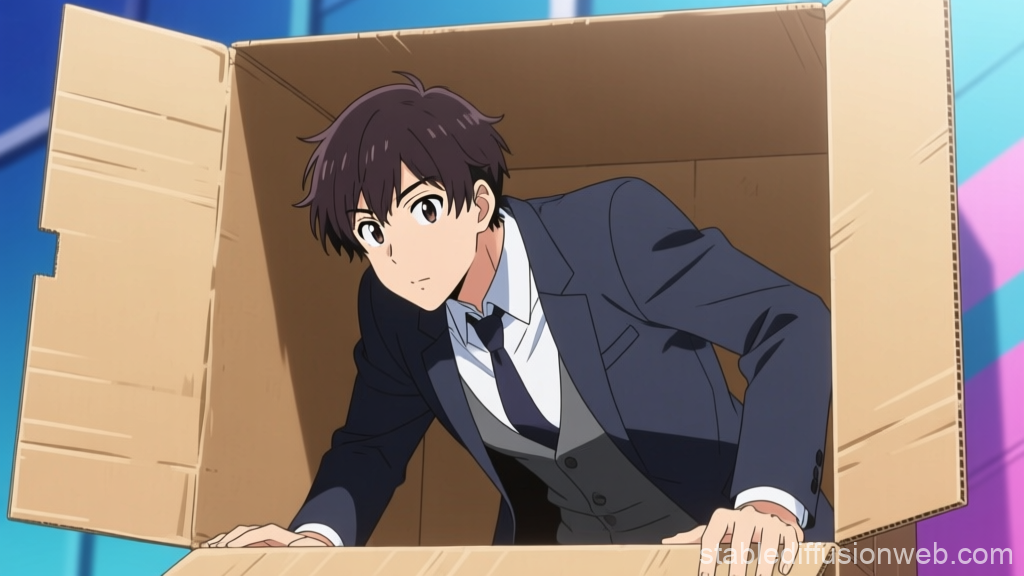 Anime Man in Suit Emerging from Cardboard Box
