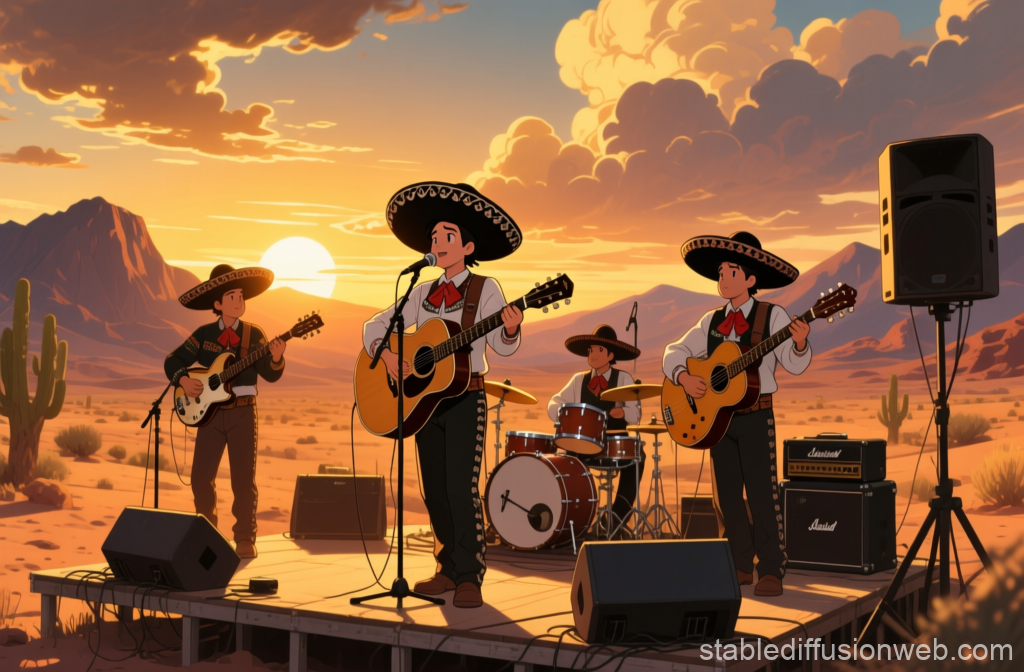 Anime Mariachi Band Performing at Sunset in Desert