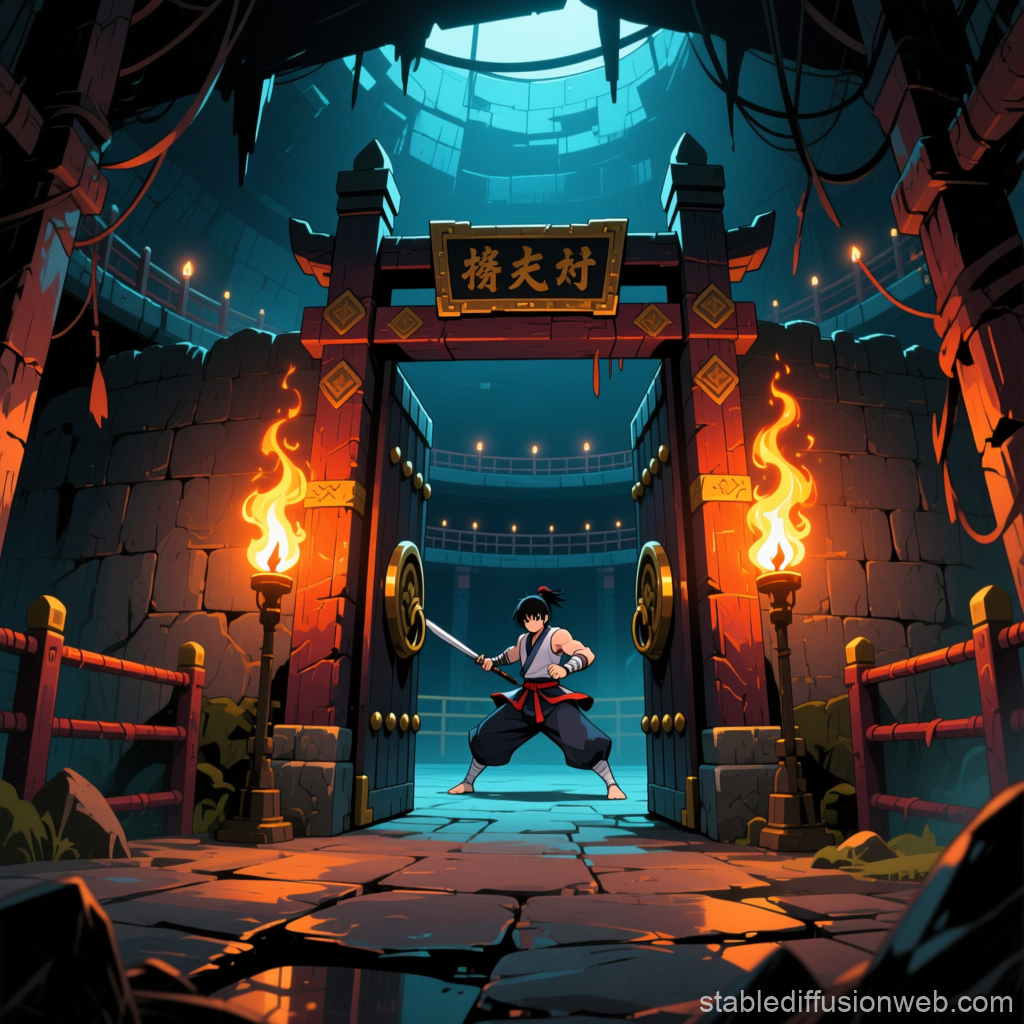 Anime Martial Arts Arena Entrance with Warrior