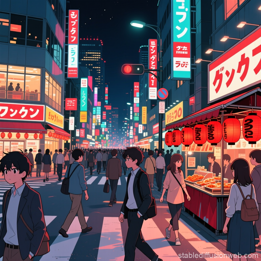 Anime Night City Intersection with Crowds and Neon Signs