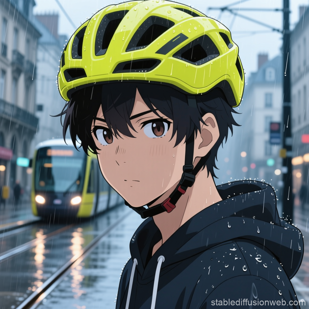 Anime Portrait of a Young Cyclist in Rainy Nantes