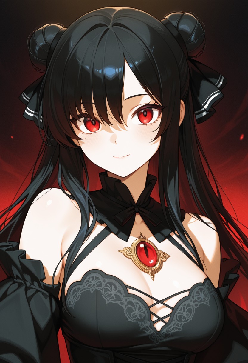 Anime Portrait of a Young Woman with Red Eyes and Black Dress
