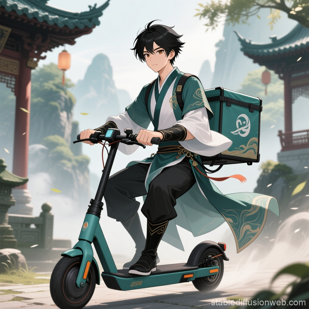 Anime Protagonist Riding Scooter in Traditional Asian Setting