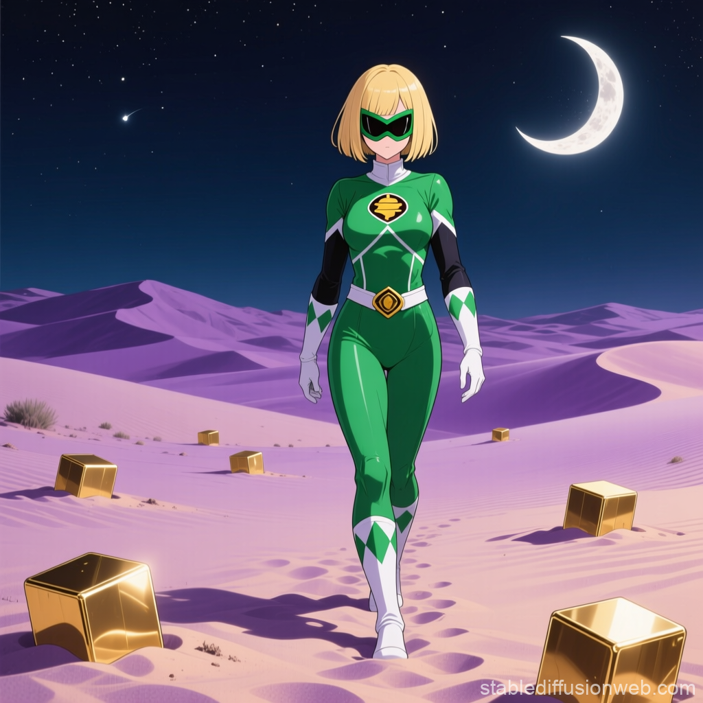 Anime Ranger in Green Suit Walking Through Desert at Night