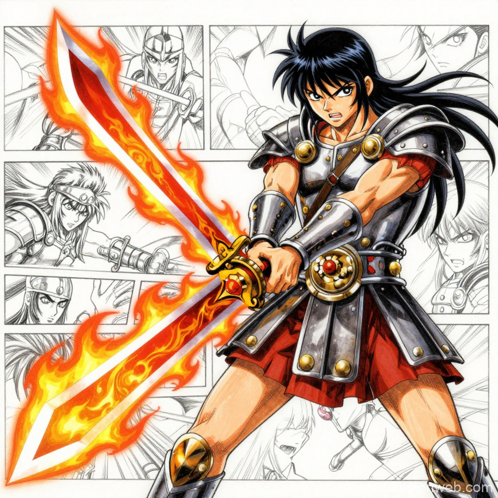 Anime Roman Soldier Wielding Flaming Sword
