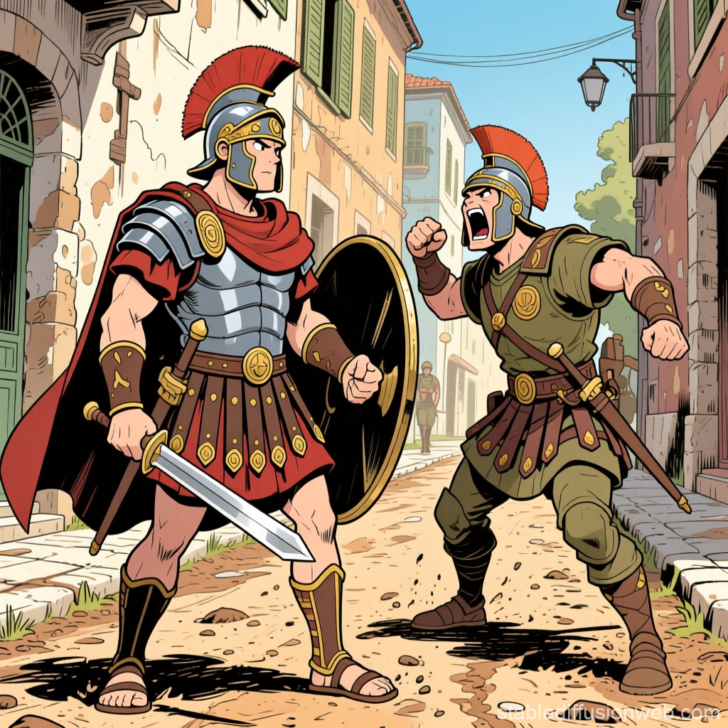 Anime Roman Soldiers Confrontation in Ancient Street