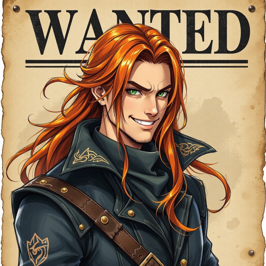 Anime RPG Fantasy Wanted Poster of Charismatic Red-Haired Rogue