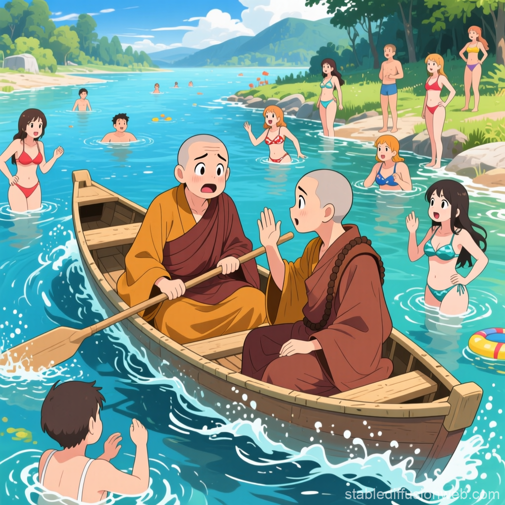 Anime Scene of Monks in Boat Surrounded by Bathers in River
