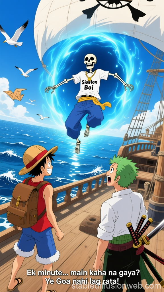 Anime Scene with Skeleton Boi Emerging from Portal on Pirate Ship