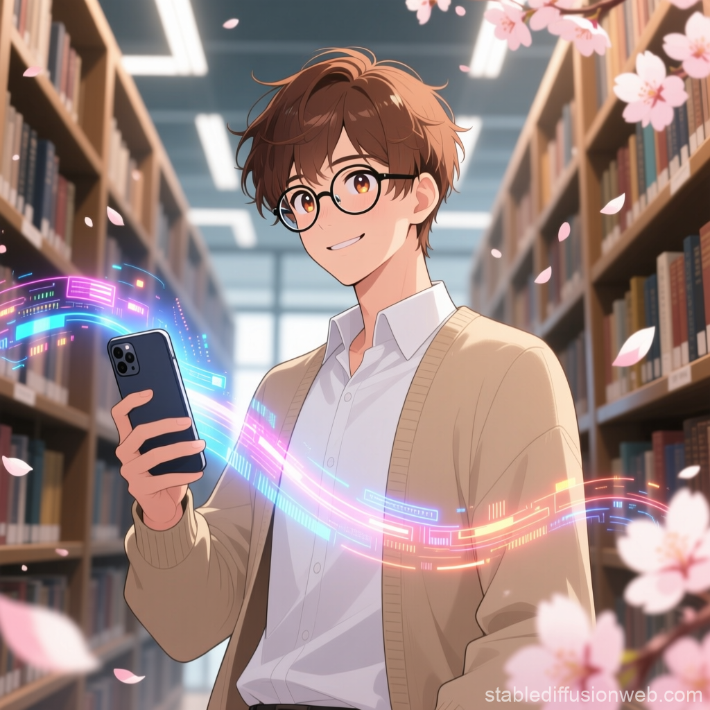 Anime Scholar with Digital Aura in Library