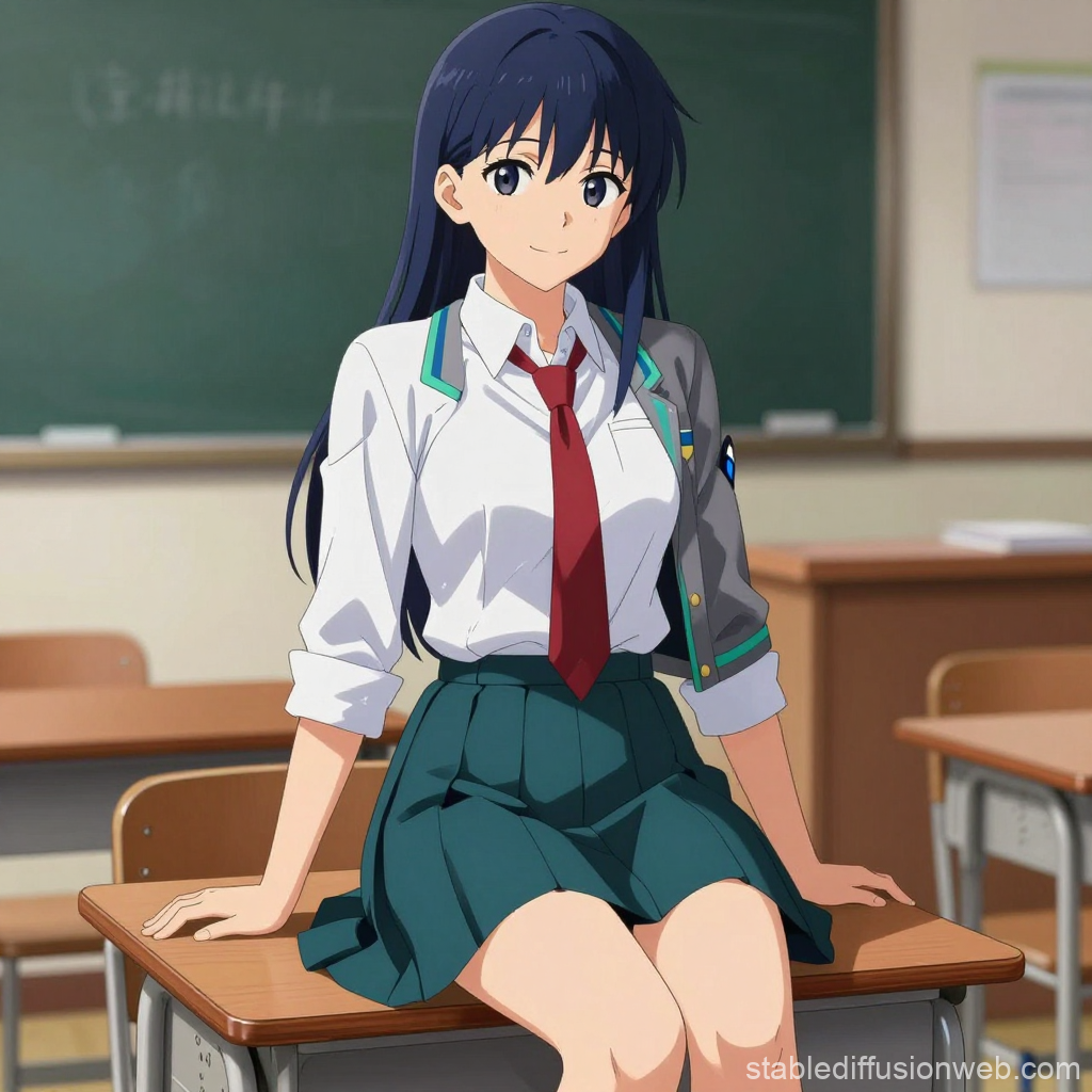 Anime Schoolgirl Sitting on Desk in Classroom