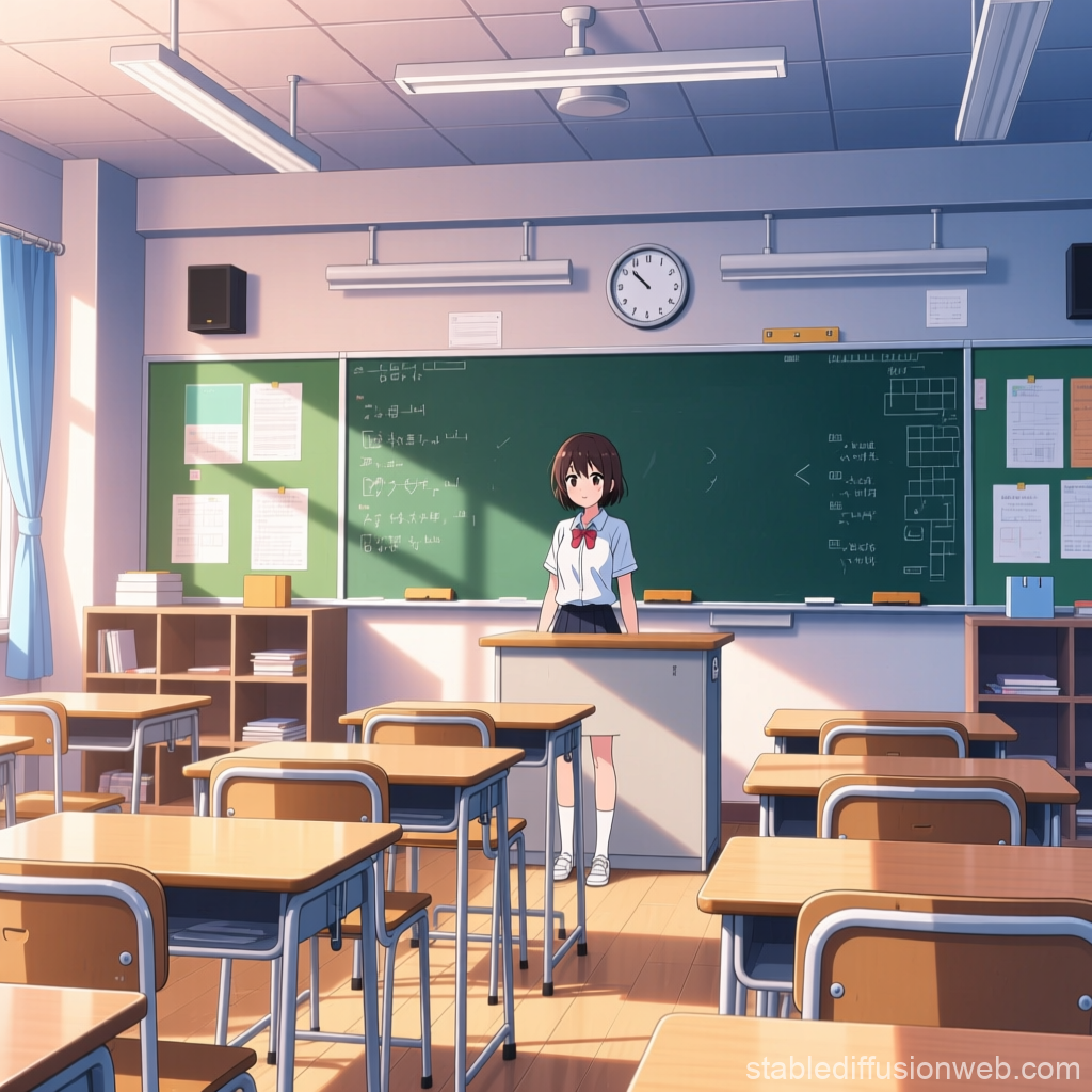 Anime Schoolgirl Standing in Bright Classroom