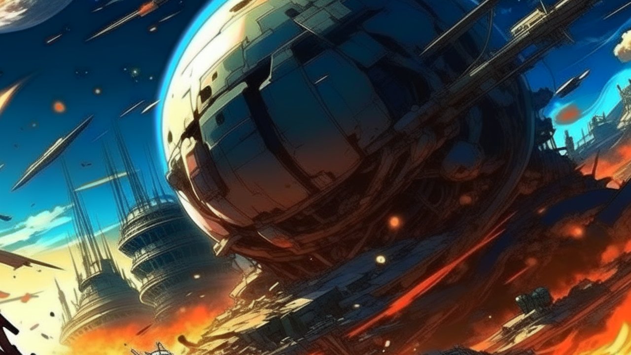 Anime Sci-Fi War Scene with Massive Spaceship and Explosions
