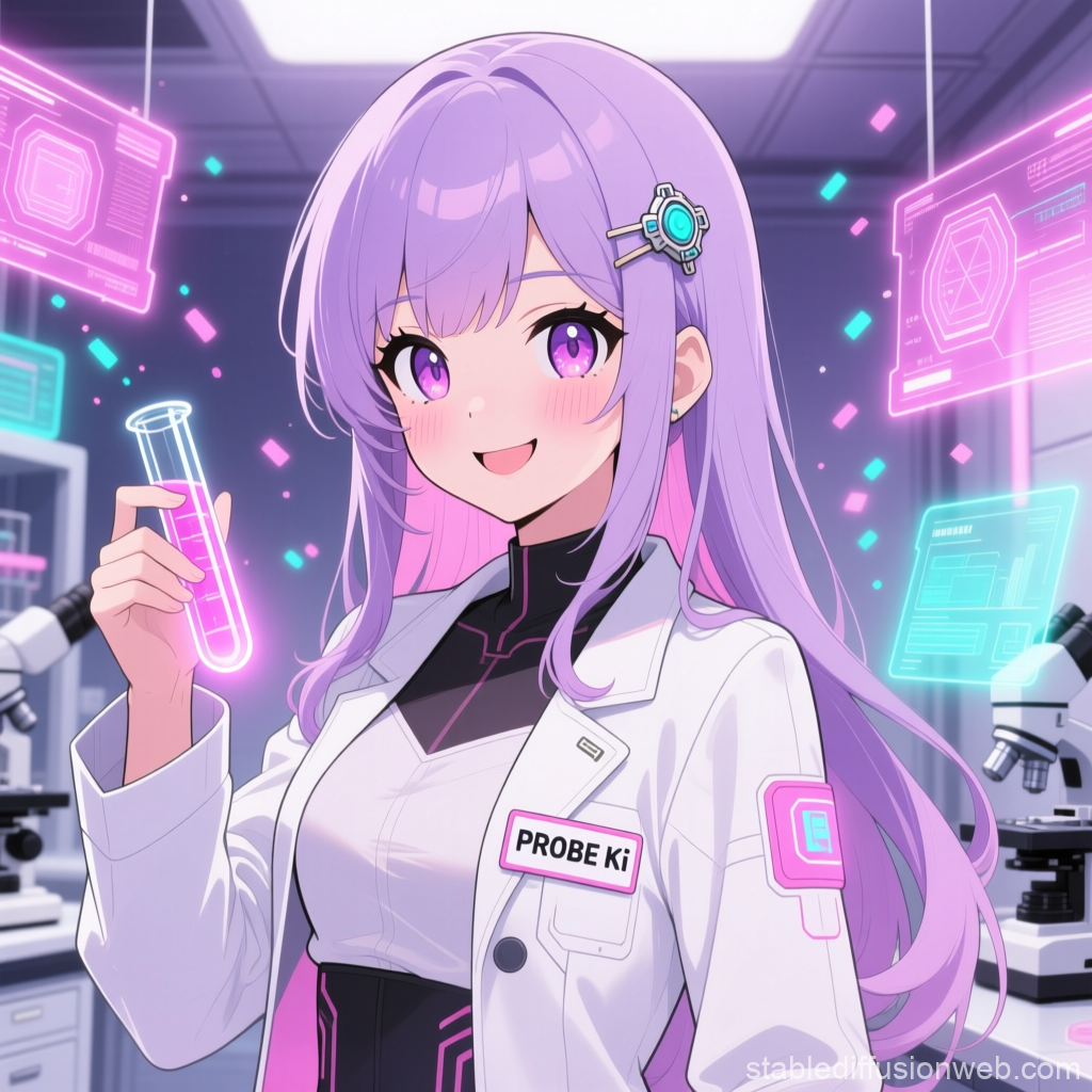 Anime Scientist with Neon Test Tube in Futuristic Lab